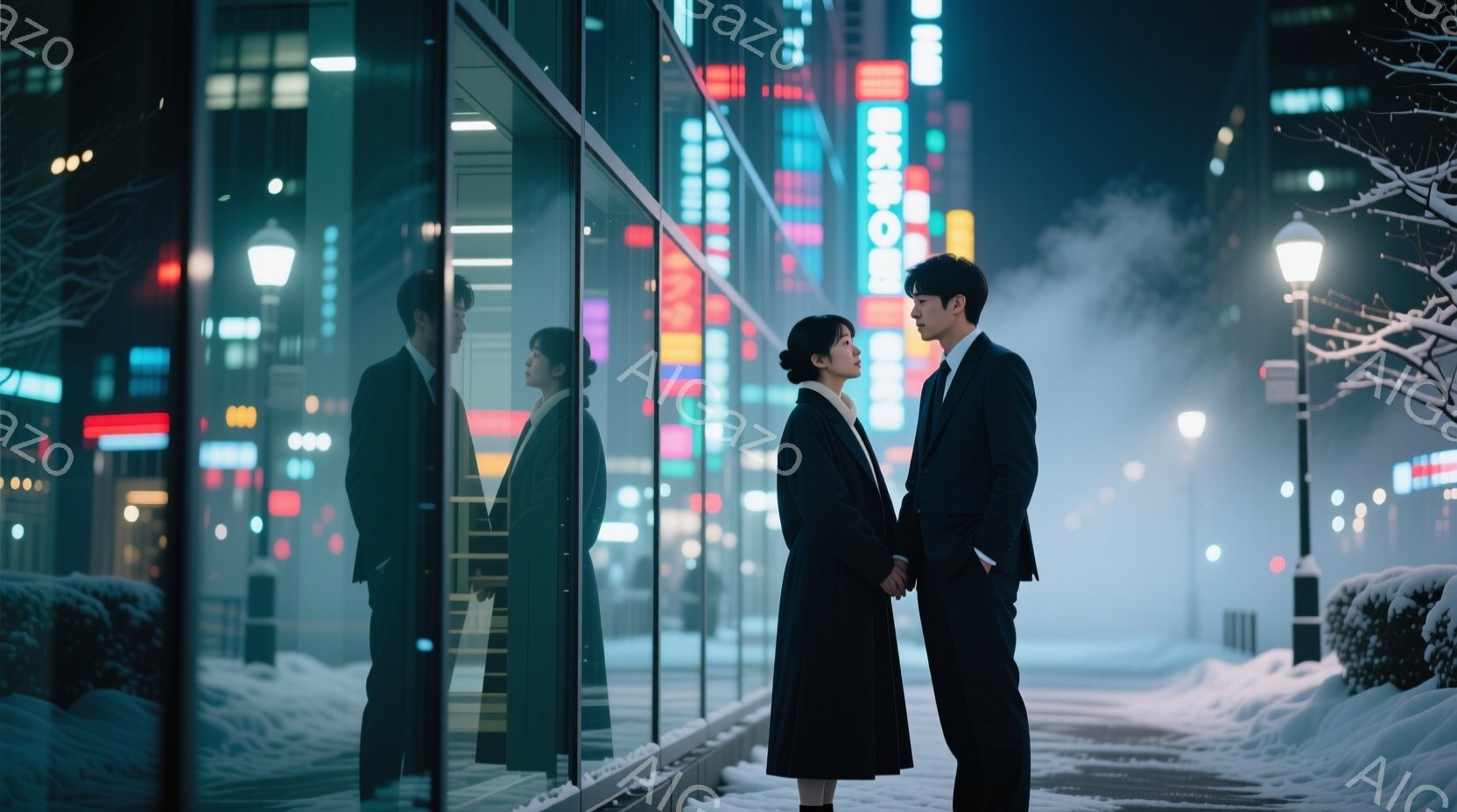 夜の街並みを背景に、コートを着た男女が並んで立っている様子が写っています。女性は暗い色のロングコートを着用し、髪は後ろでまとめており、男性はスーツとコートを着ています。背景には、ネオンサインが輝く建物と、雪が積もった木々が見え、冷たくロマンチックな雰囲気を醸し出しています。