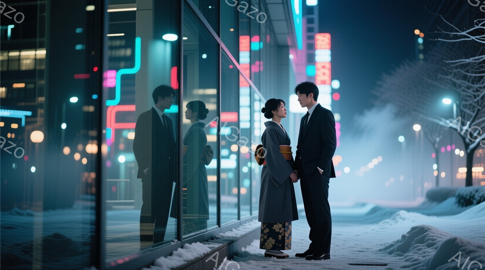 鮮やかなネオンライトが輝く夜の街並みで、一対の男女が寄り添いながら立っている。男性は黒いスーツを着用し、女性は灰色の着物と金色の帯を身につけており、互いに手を繋いでいる。背景には雪に覆われた道と近代的 - AI生成フリー素材