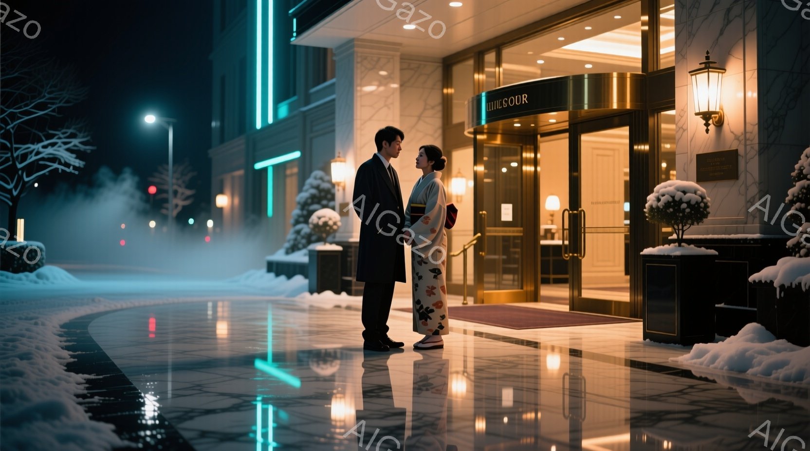 雪が降る夜、男性と女性がホテルの入り口の前で向き合って立っている。女性は鮮やかな赤い着物を着ており、髪は後ろでまとめてエレガントな印象を与えている。背景には光り輝くホテルと雪で覆われた木々が見え、ロマンチックで静謐な雰囲気を醸し出している。
