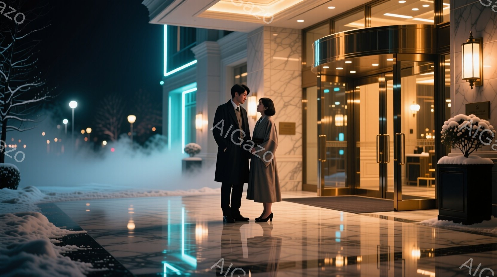 高級ホテルの入り口と思われる場所で、一対の男女が立っている様子が写っています。男性は黒いコートとスーツ、整髪された髪で、女性はベージュのコートと黒いワンピース、後ろで髪を結んでいます。背景には、ライトアップされた建物と雪景色が見られ、全体的にロマンチックで静謐な雰囲気が漂っています。