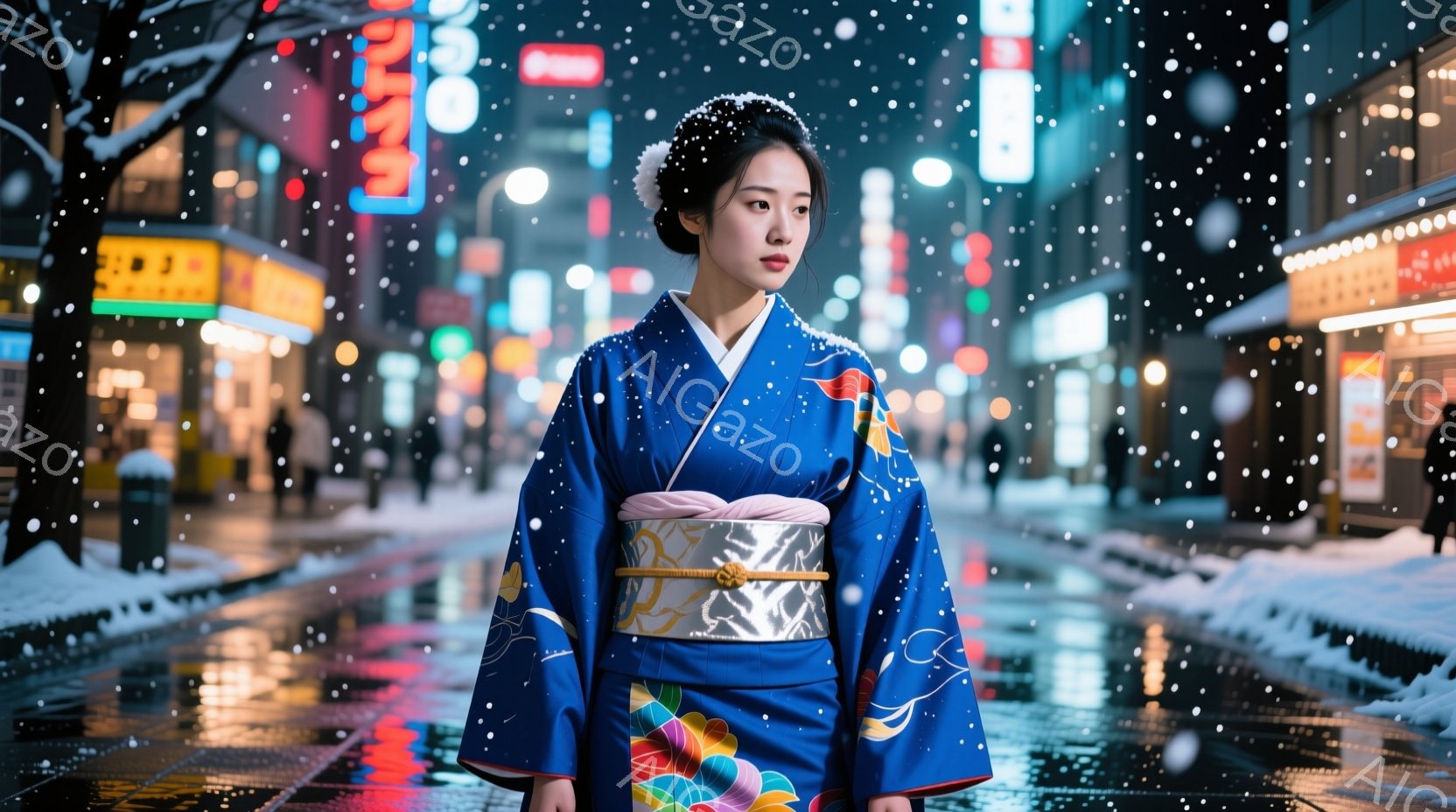 青い地に模様が入った着物を着た女性が、雪が降る夜の街をまっすぐ見つめて立っている。髪はきっちりとまとめられ、顔にはどこか寂しげな表情が浮かんでいる。背景にはネオンが輝く建物が並び、地面は雪と光に濡れて - AI生成フリー素材