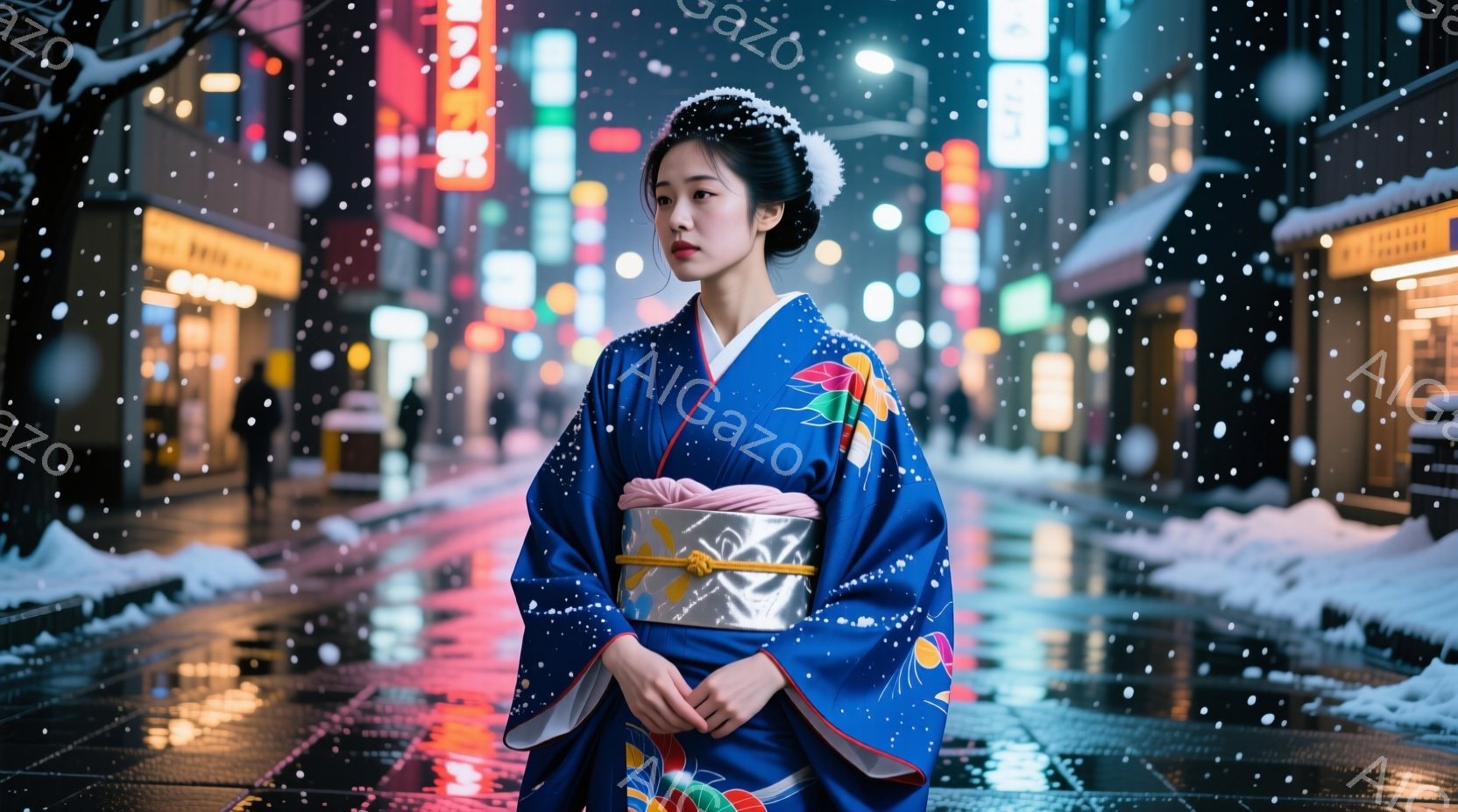 鮮やかな青色の着物を着た女性が、雪が舞う夜の街を歩いている。着物にはカラフルな花模様が描かれており、淡いピンク色の帯が目を引く。彼女は正面を見据え、やや微笑んだ表情で、静かで優雅な雰囲気を醸し出してい - AI生成フリー素材