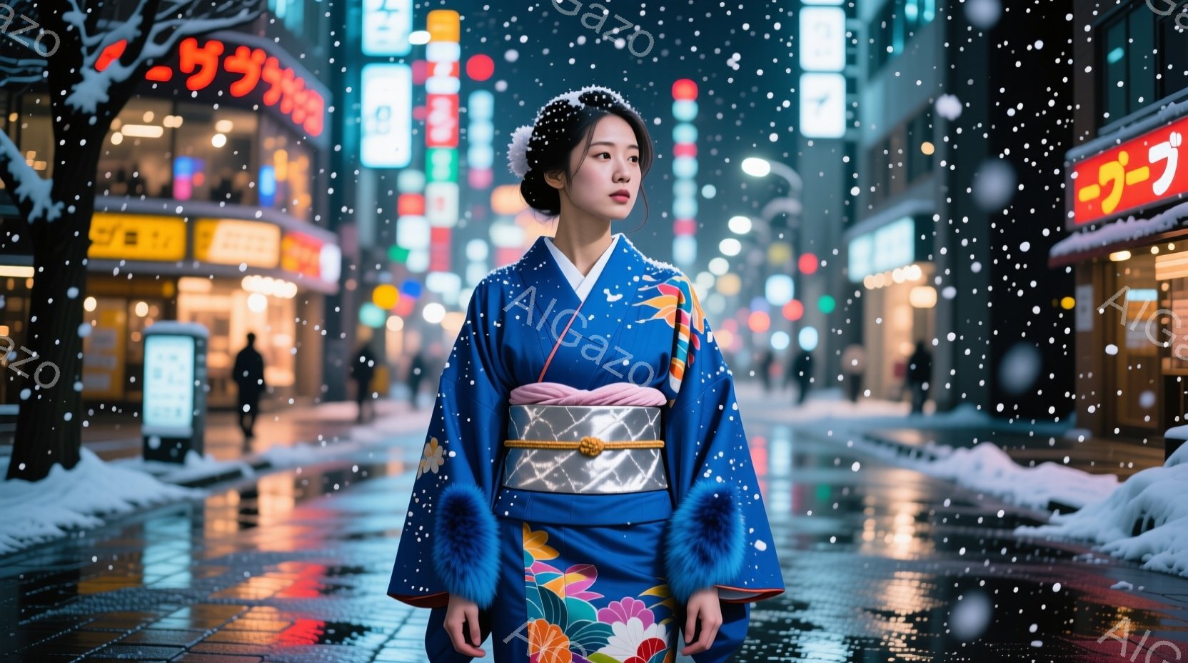 鮮やかな青色の着物を着た女性が、雪が舞う夜の街並みを歩いている。着物には、華やかな花柄が描かれ、首元には白いショールが巻かれ、黒い帯が締まっている。背景には、ネオンサインが輝く建物が並び、路面は雪で覆 - AI生成フリー素材