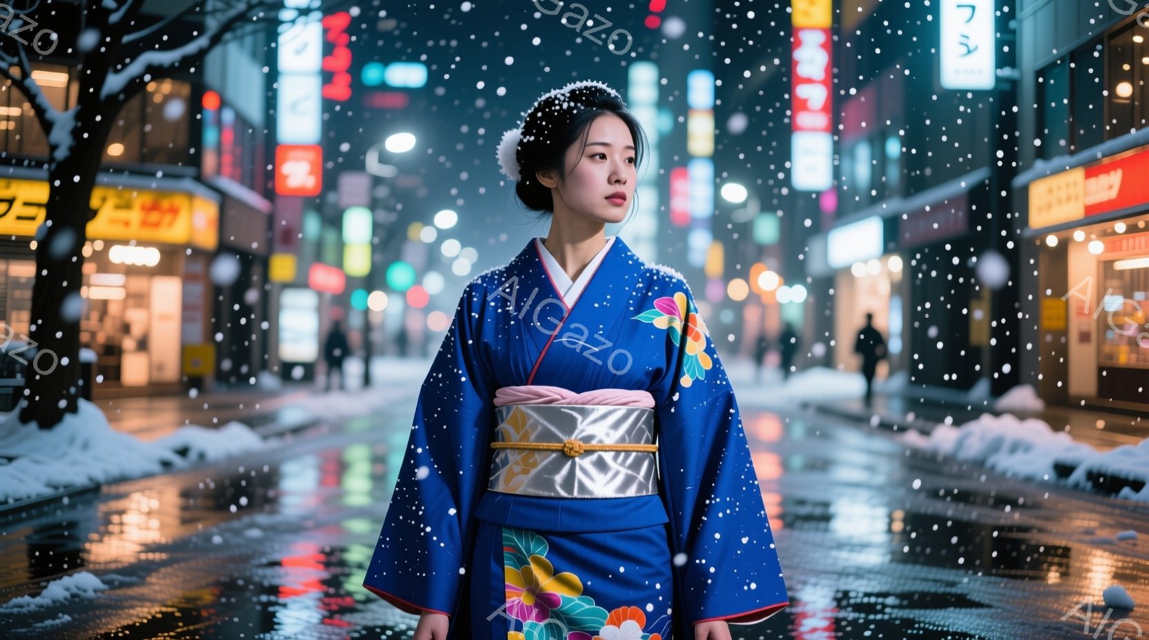 鮮やかな青色の着物を着た女性が、雪が降る夜の街並みを歩いている。髪は黒く、簡素にまとめられ、表情は落ち着いていて、どこか憂いを帯びている。背景にはネオン輝く商店や建物が並び、地面は雪と光で濡れており、 - AI生成フリー素材