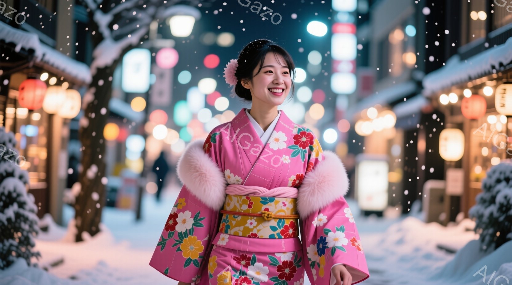 明るいピンク色の花柄の着物を着た若い女性が、雪が降る夜の街を歩いている。彼女は微笑んでおり、髪はアップスタイルで、ファーのショールが肩にかけられている。背景には、提灯が灯る伝統的な建物が並び、雪景色が - AI生成フリー素材