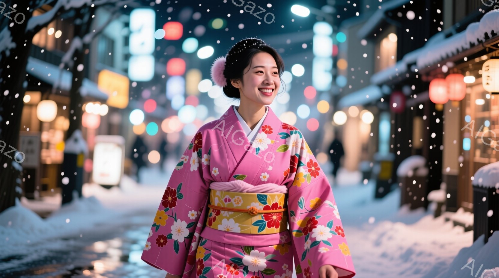 ピンク色の花柄の着物を着た女性が、雪が降る夜の街をまっすぐ正面を見て歩いている。彼女は明るい笑顔を浮かべ、髪を上品にまとめ、楽しげな雰囲気を醸し出している。背景には伝統的な建物が並び、ぼんやりとした明 - AI生成フリー素材
