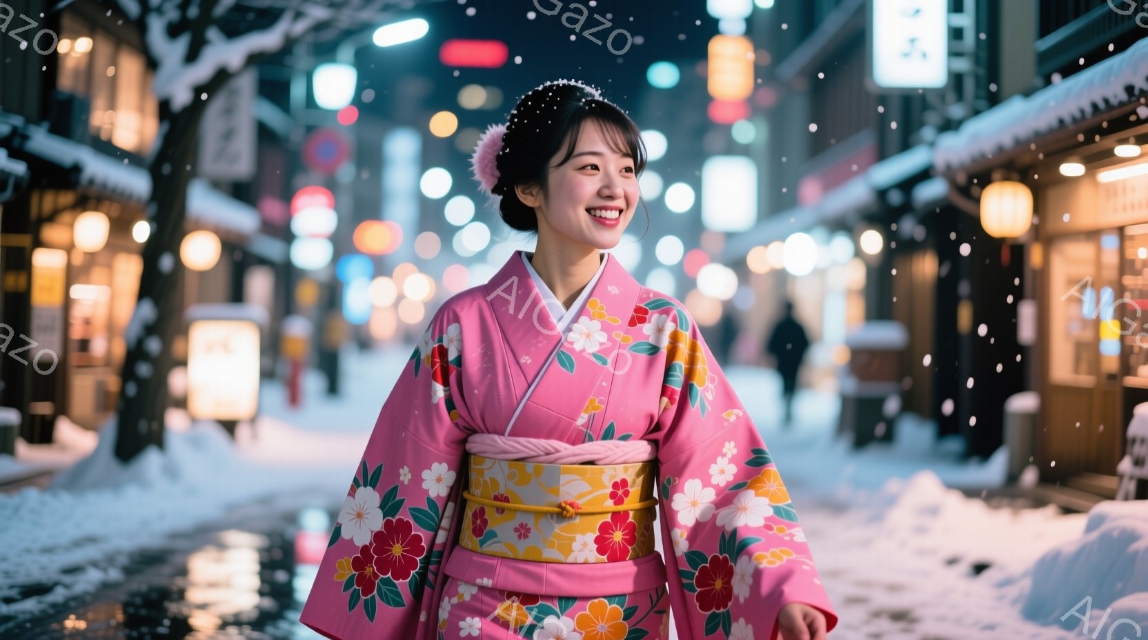 ピンク色の華やかな着物を着た女性が、雪が降る夜の街を歩いています。彼女は微笑んでおり、明るい表情でカメラの方を見ています。背景には伝統的な建物が並び、雪景色と街灯の光が幻想的な雰囲気を醸し出しています - AI生成フリー素材