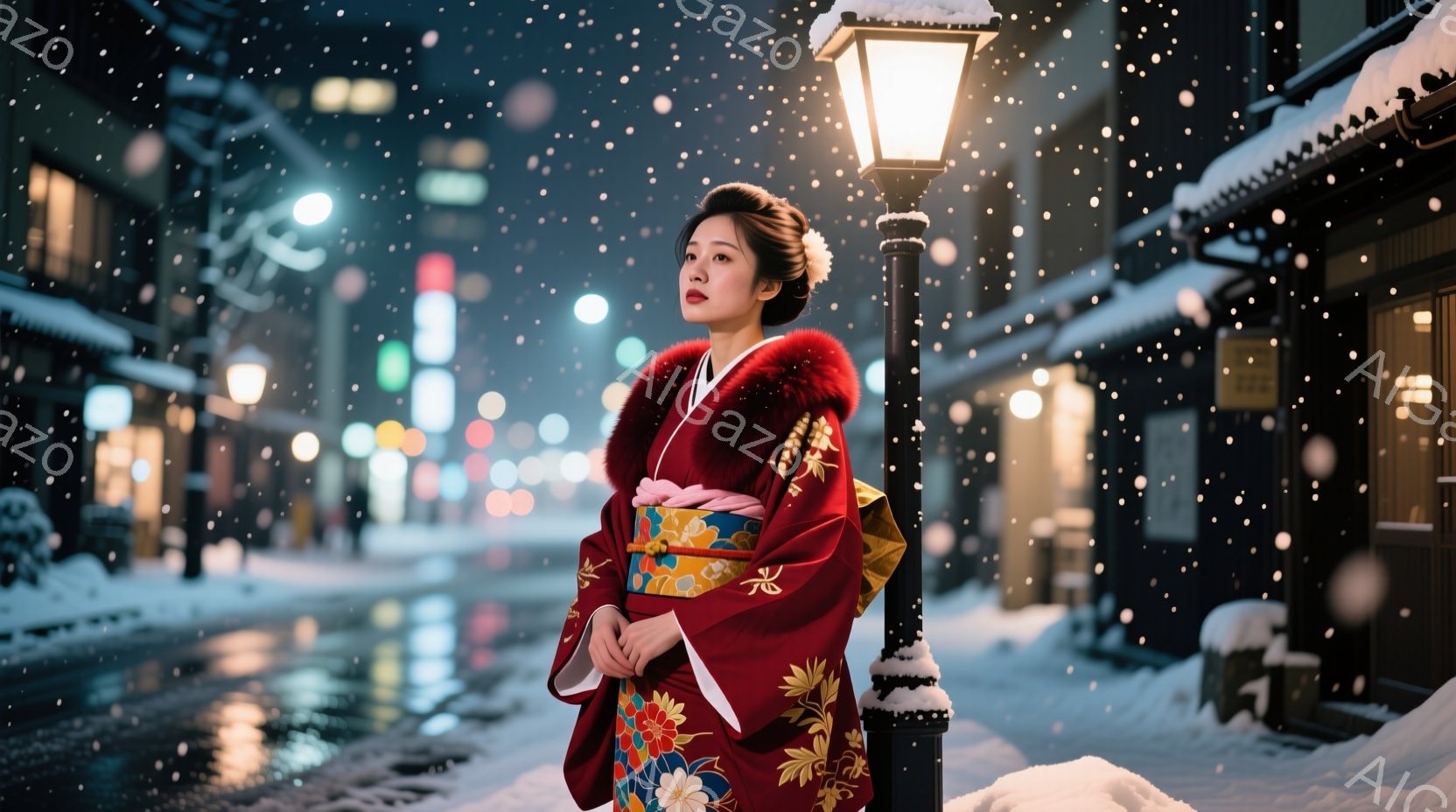 深紅色の着物を着た女性が、雪が降る夜の街に立っている。着物には金色の模様が施され、首元には白いファーの襟が付いている。彼女は少し上を見上げ、物憂げな表情で遠くを見つめている。 - AI生成フリー素材
