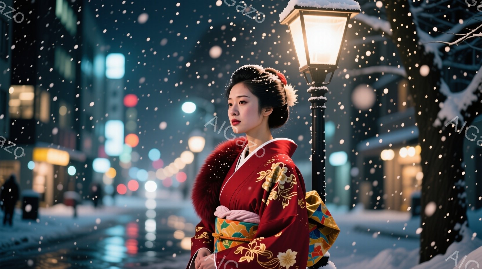 深紅色の豪華な着物を身につけた女性が、雪が降る夜の街並みに佇んでいます。彼女は肩に毛皮のショールをかけ、精巧な髪型を施しており、少し憂いを帯びた表情で遠くを見つめています。背景には、ぼやけた街灯と雪景色が広がり、どこか幻想的で寂しげな雰囲気を醸し出しています。