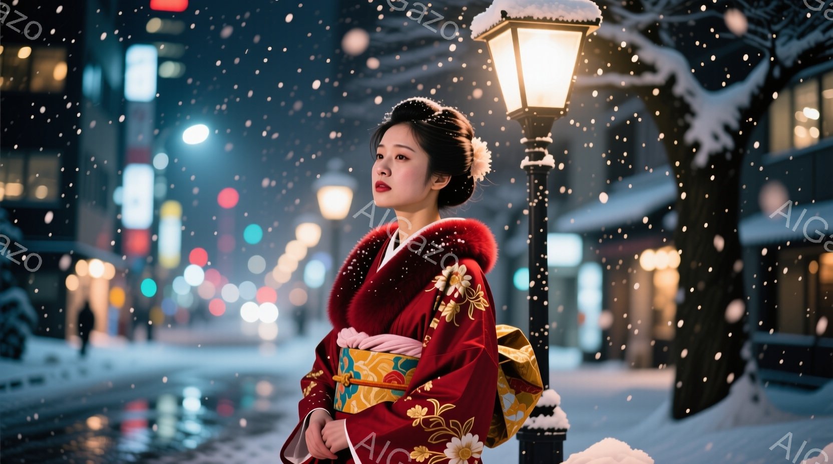 深紅色の着物を着た女性が、雪が舞う夜の街に立っている。着物には金色の刺繍が施され、襟元には白いファーがふさふさとあしらわれている。彼女は少し横を向き、控えめな微笑みを浮かべ、静かで優雅な雰囲気を醸し出 - AI生成フリー素材