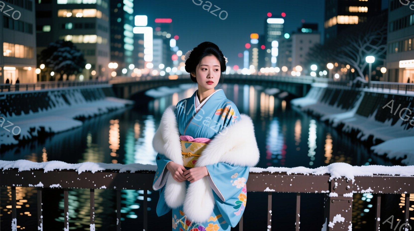 鮮やかな水色の着物に黄色とピンクの花柄が描かれ、白っぽいファーのショールを羽織った女性が写っている。彼女は微笑みをたたえ、落ち着いた表情でカメラを見つめており、着物の帯は金色で華やかさを添えている。背景には、夜景の建物や街灯が水面に反射した美しい風景が広がり、雪が積もった欄干が冬の雰囲気を醸し出している。