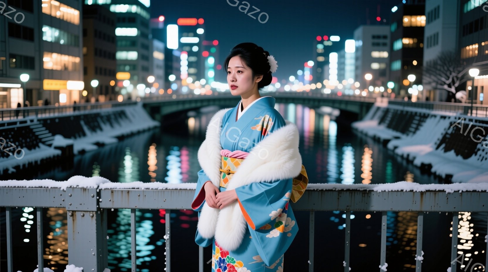 青い着物と鮮やかな帯を身につけた女性が、夜の街並みを背景に立っている。彼女は少し微笑んでおり、着物には白っぽい毛皮のショールが羽織られている。背景には、雪が積もった運河と、光り輝くビル群が広がり、冬の夜の静かで美しい雰囲気を醸し出している。