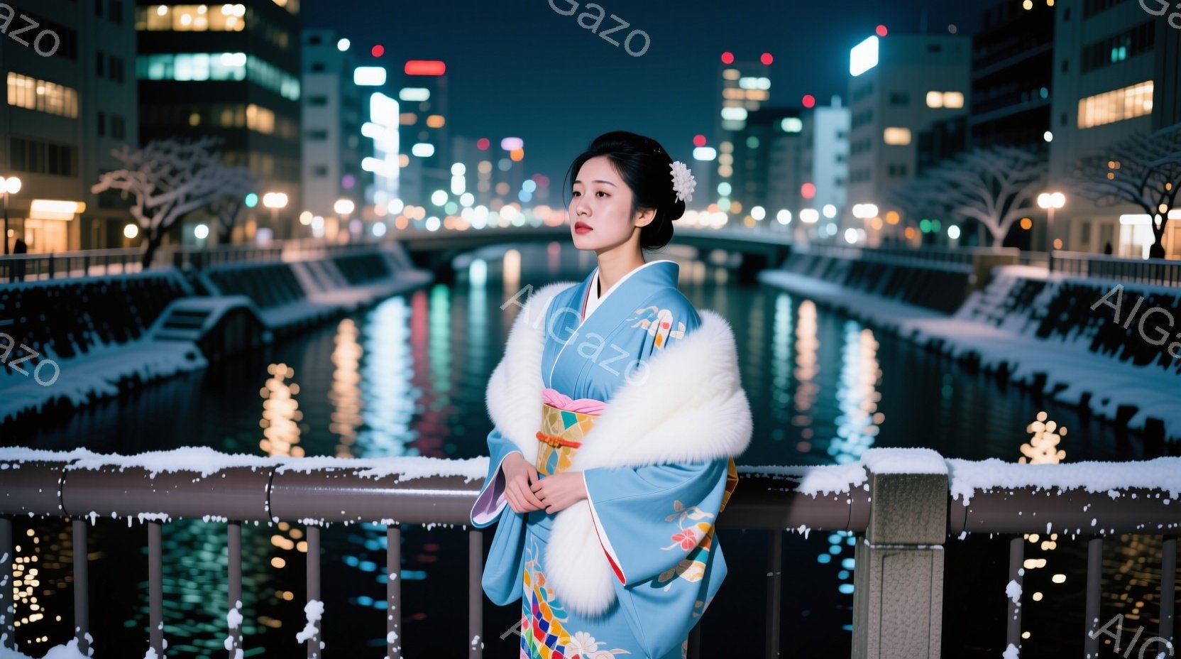 鮮やかな水色の着物を着た女性が、橋の上に立っている。毛皮のようなショールが肩にかけられ、髪は後ろでまとめられ、白い花が飾られている。背景には夜景が広がり、橋の欄干には雪が積もり、幻想的な雰囲気を醸し出している。