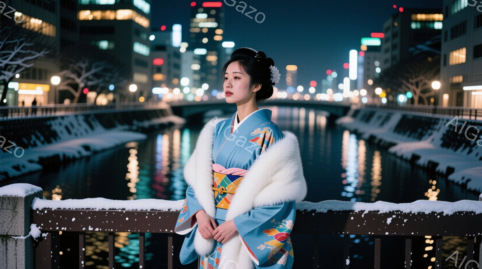 鮮やかな水色の着物を着た女性が、毛皮のショールを羽織って橋の上に立っている。髪はきっちりとまとめられ、白い花飾りをつけている。背景には夜景が広がり、雪が積もった橋の欄干と、水面に反射する光が幻想的な雰 - AI生成フリー素材