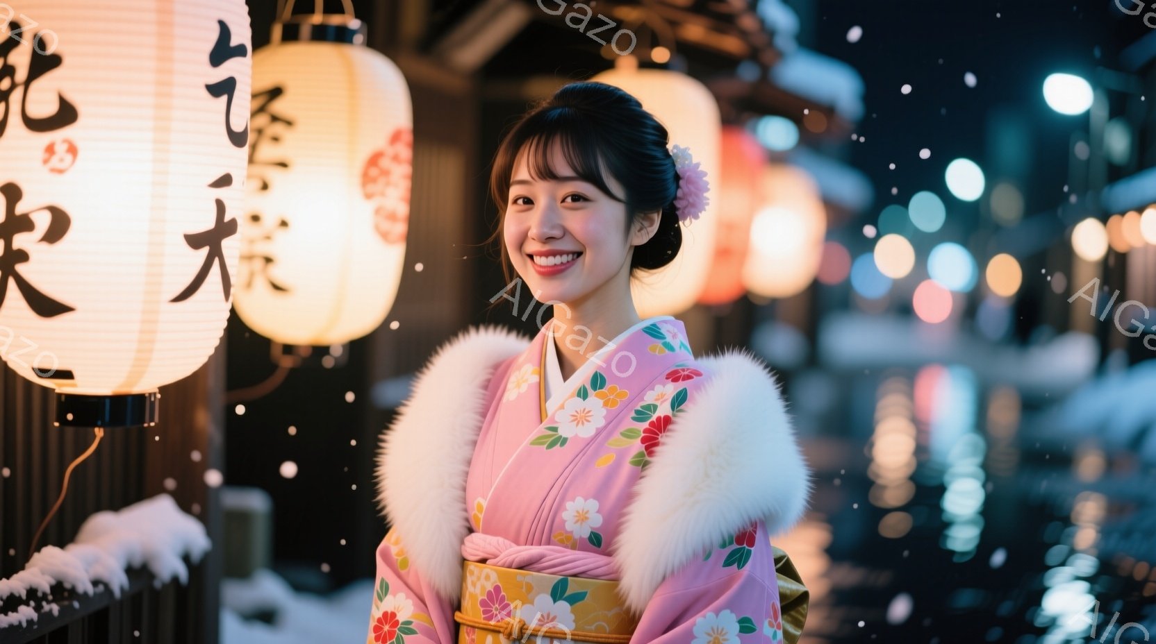 明るいピンク色の着物姿の女性が、微笑みを浮かべて正面を見ている。着物には黄色と緑の柄が描かれ、首元には白いファーが巻かれている。背景には雪が舞う夜の街並みと、提灯がぼんやりと光っている様子が描かれ、幻 - AI生成フリー素材