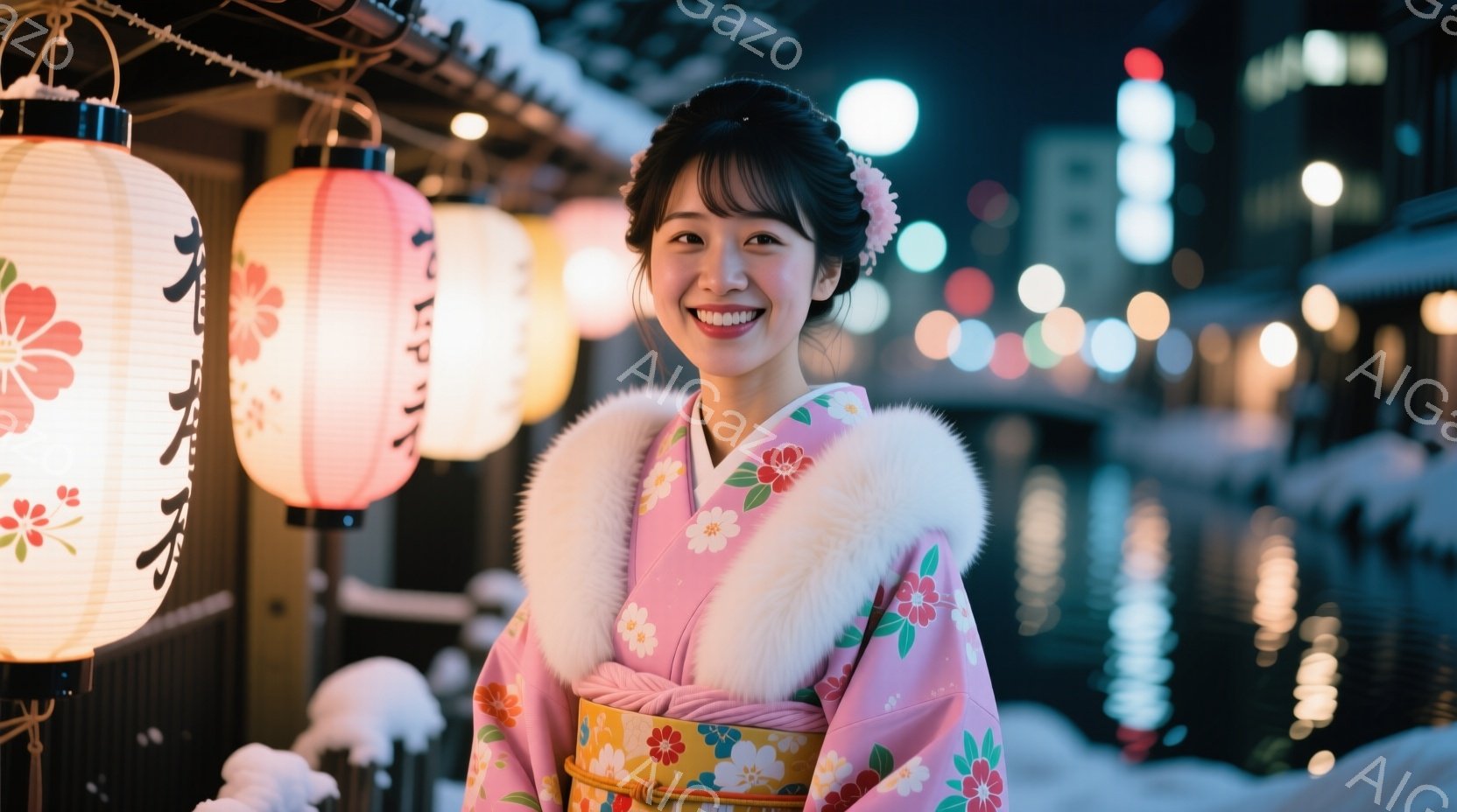 明るいピンク色の着物を着た女性が、笑顔でカメラを見つめています。白いファーの襟元と、黄色と緑の帯が華やかさを添えています。背景には提灯が灯り、雪が舞う夜の街並みがぼんやりと見え、幻想的な雰囲気を醸し出しています。