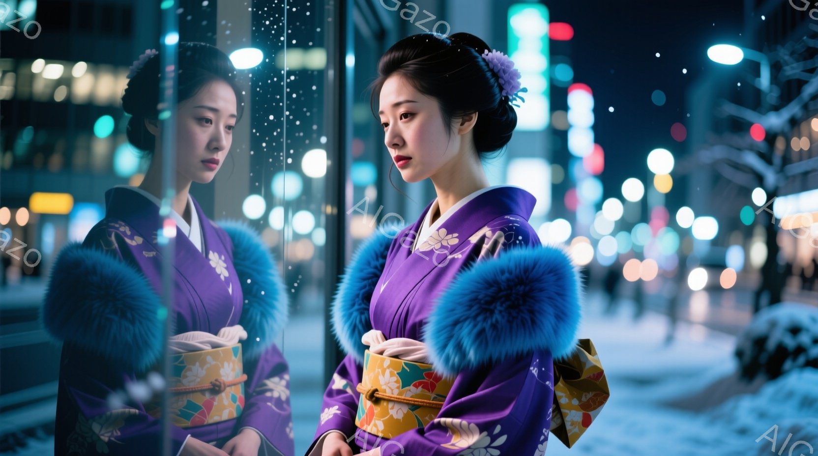 深い紫色の着物を着た若い女性が描かれています。彼女は毛皮の襟と帯が特徴的で、髪は高くとめて飾りをつけています。背景には夜の街並みがぼやけて見え、雪が舞っている様子から冬の夜の静かで美しい雰囲気が伝わってきます。