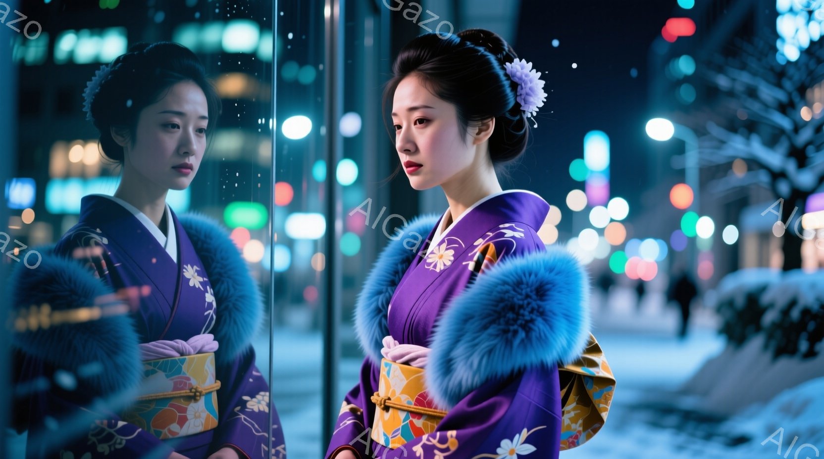 鮮やかな紫色の着物を着た女性が、ガラス越しにこちらを見つめています。髪は高く結い上げられ、かんざしが飾られ、表情はどこか憂いを帯びています。背景には夜の街並みがぼやけて見え、雪が積もった木々が冬の寒さを感じさせます。