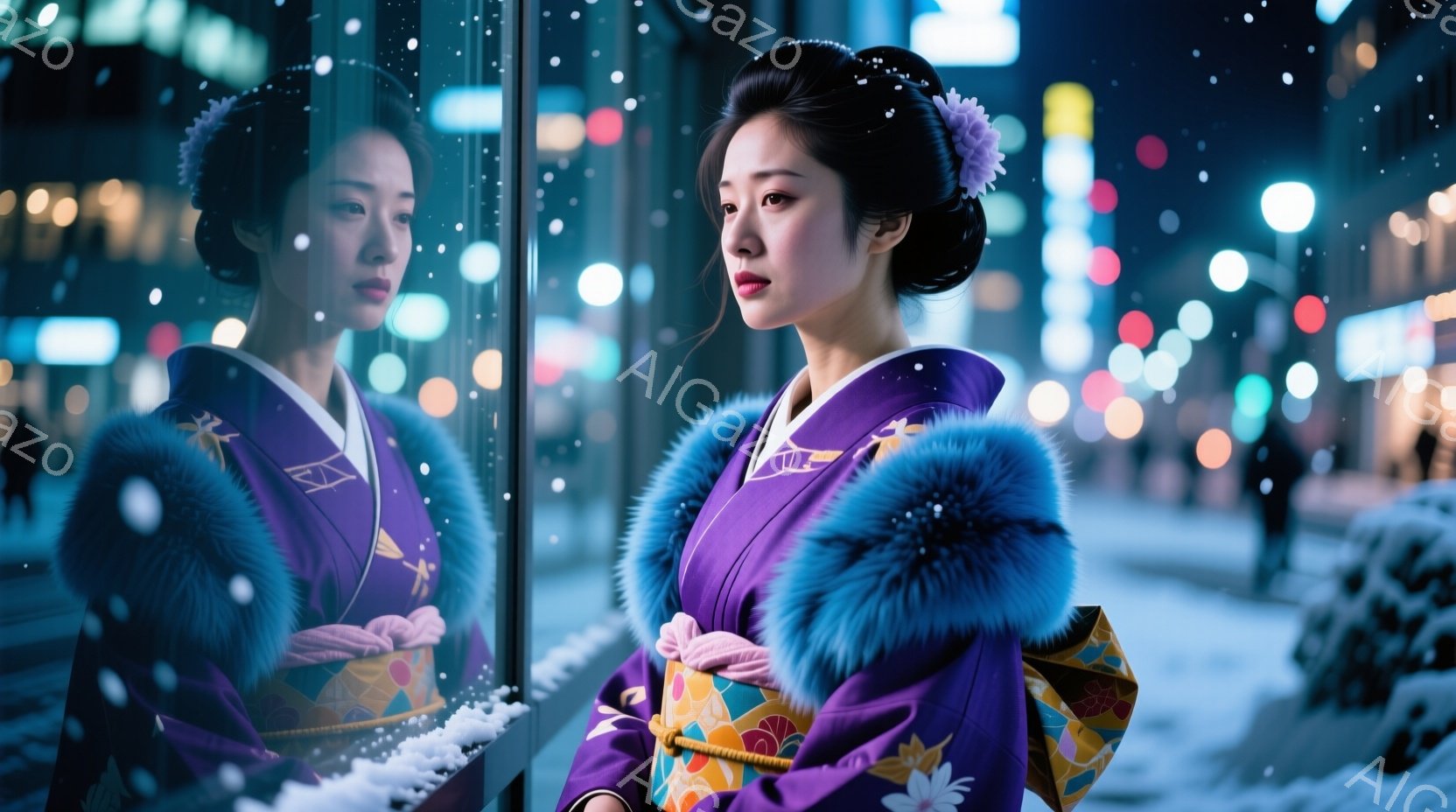 深い紫色に金色の模様が入った着物を着た女性が、雪が舞う夜の街を見下ろしています。髪は綺麗にまとめられ、頭には花の飾りがあしらわれ、少し憂いを帯びた表情で遠くを見つめています。背景には夜景の光がぼんやりと見え、冬の寒さと都会の喧騒が混ざり合ったような雰囲気が漂っています。