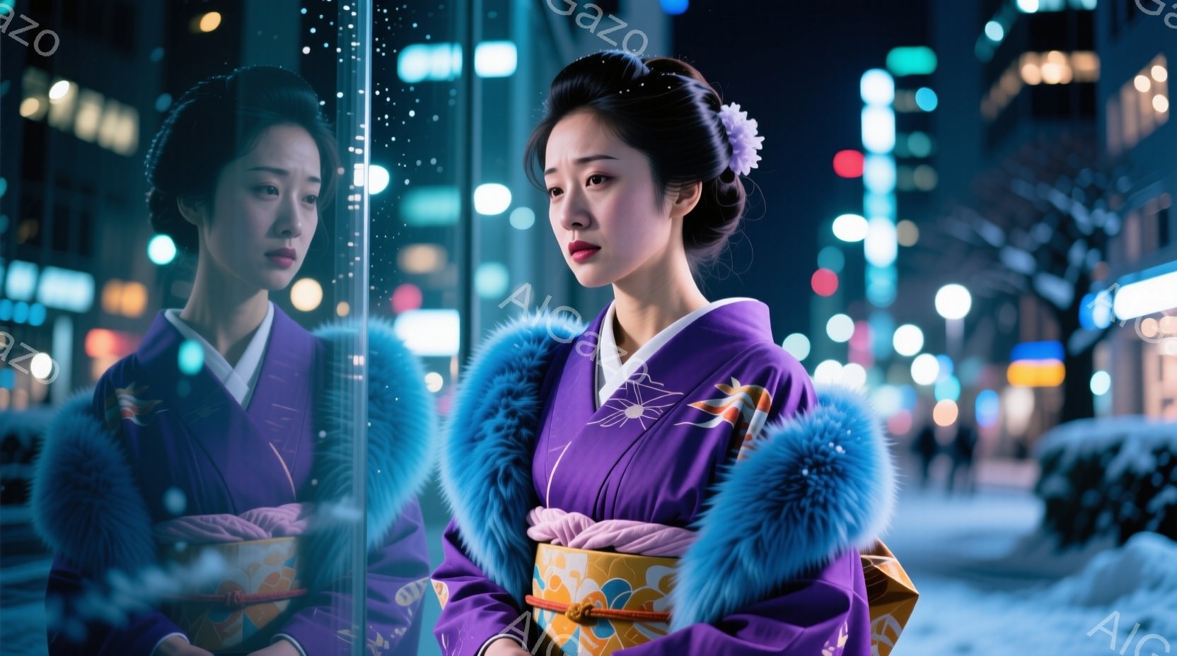 深紫色の着物を着た女性が、夜の街の窓辺に立っている。彼女は髪を高く結い上げ、鮮やかな黄色の帯で締めている。背景には、ぼやけた街灯と雪に覆われた道路が広がり、物憂げな表情で遠くを見つめる彼女の姿が、静かで少し寂しげな雰囲気を醸し出している。
