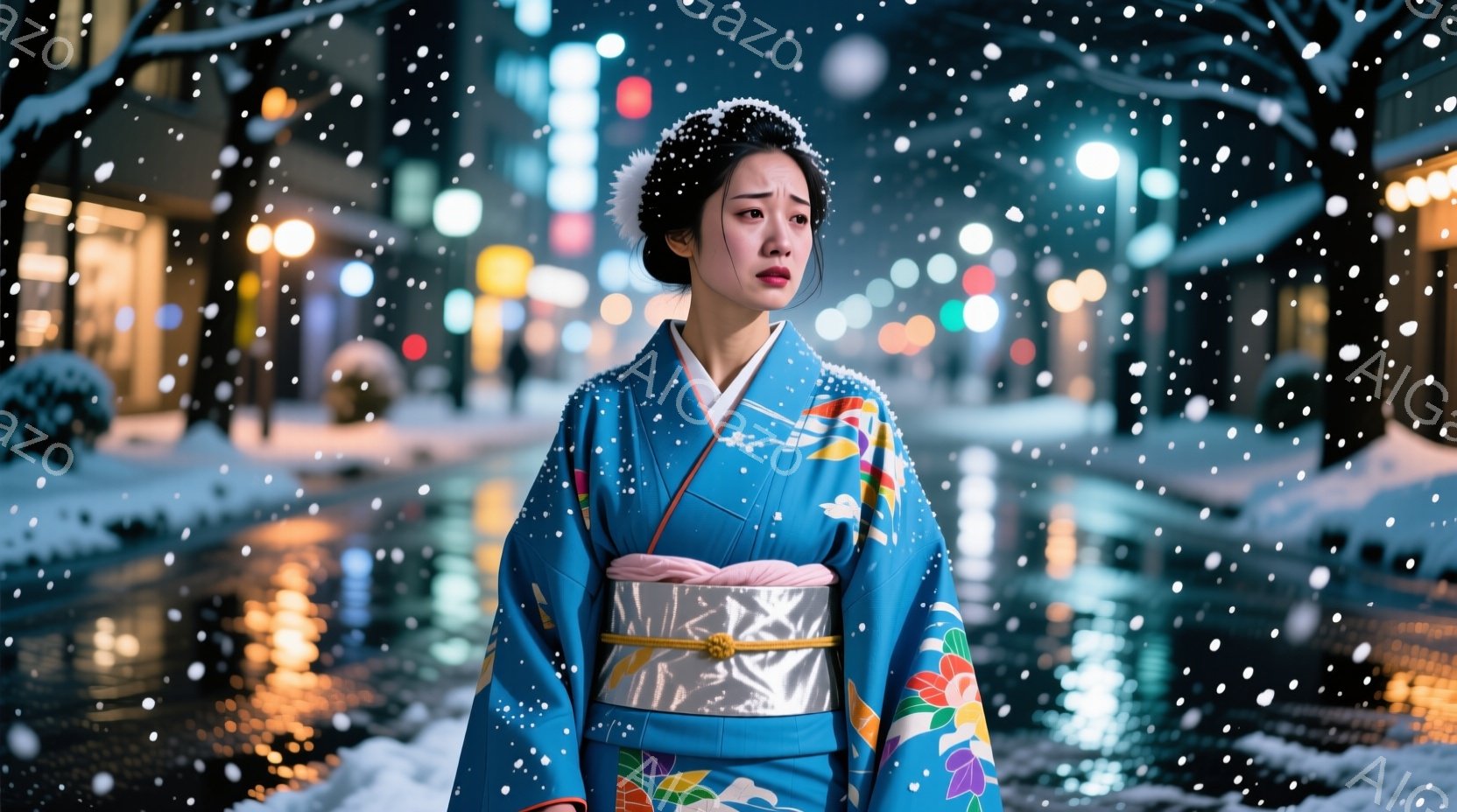 鮮やかな青色の着物を身につけた女性が、雪が降る夜の街に立っている。彼女は白い髪飾りをつけ、少し憂いを帯びた表情で遠くを見つめている。背景には、ぼやけた光が灯る建物と、雪に覆われた木々が見え、幻想的で静 - AI生成フリー素材