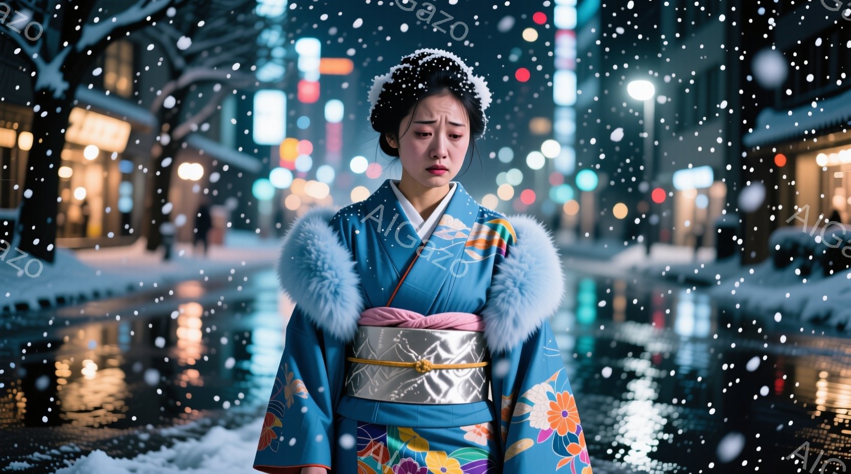 鮮やかな水色の着物を着た女性が、雪の降る夜の街に立っている。着物には、ピンクや黄色、紫の花が描かれており、首元には白いファーが飾られている。彼女は少し悲しげな表情で下を見つめ、憂鬱な雰囲気を醸し出して - AI生成フリー素材