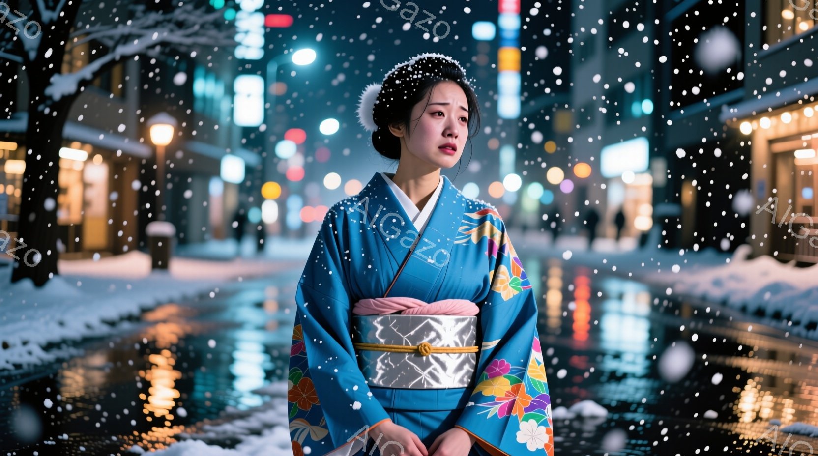 鮮やかな青色の着物を着た女性が、雪が降る夜の街に立っている。着物にはピンク、黄色、緑の花の模様が描かれており、銀色の帯が締まっている。彼女は少し悲しそうな表情で、両手を前に組んで立っており、周囲の光が彼女を照らしている。