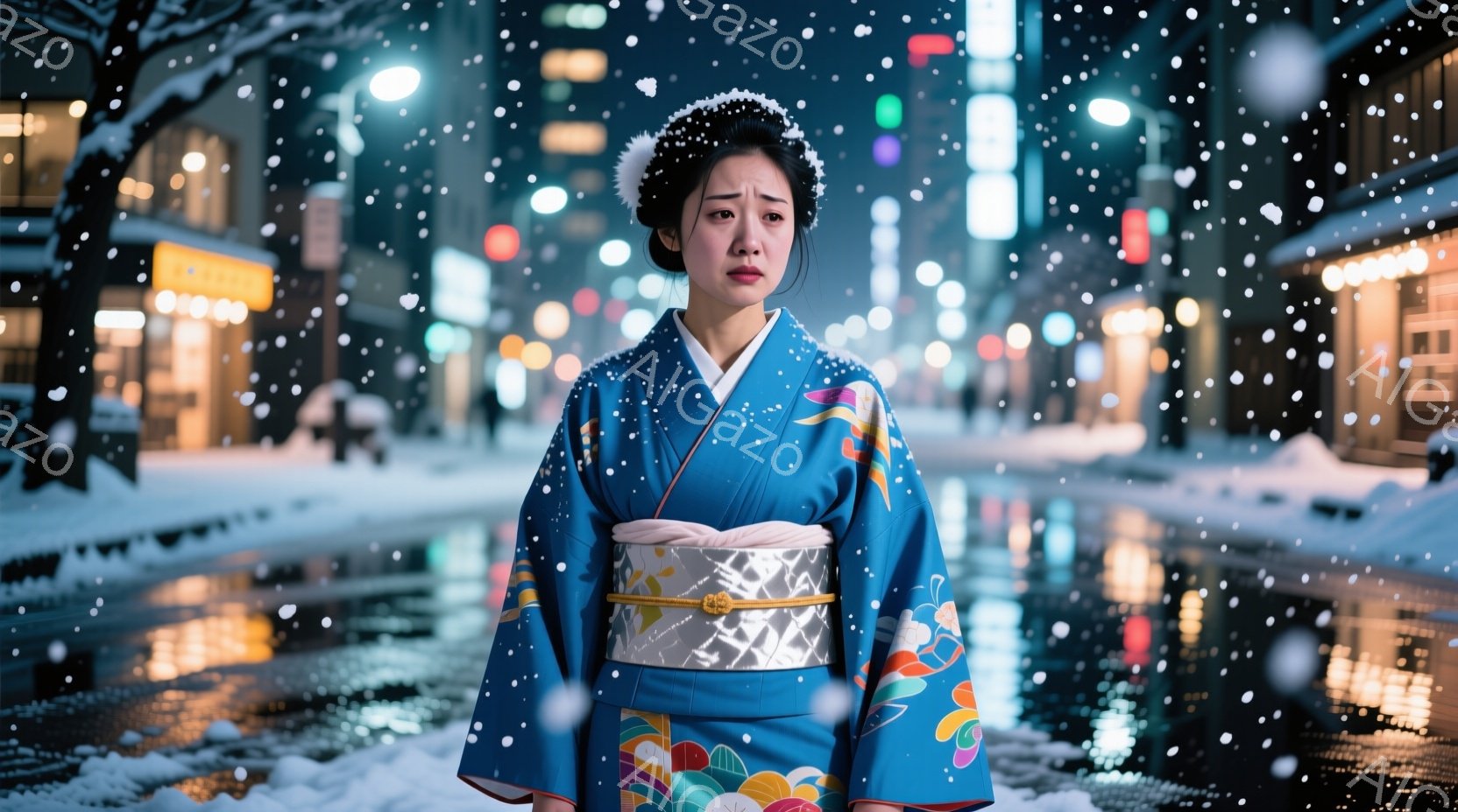 鮮やかな青色の着物を着た女性が、雪が降る夜の街に立っている。着物には、カラフルな花模様が描かれており、銀色の帯が締まっている。女性はやや悲しげな表情で、正面を見つめ、物憂げな雰囲気を漂わせている。 - AI生成フリー素材