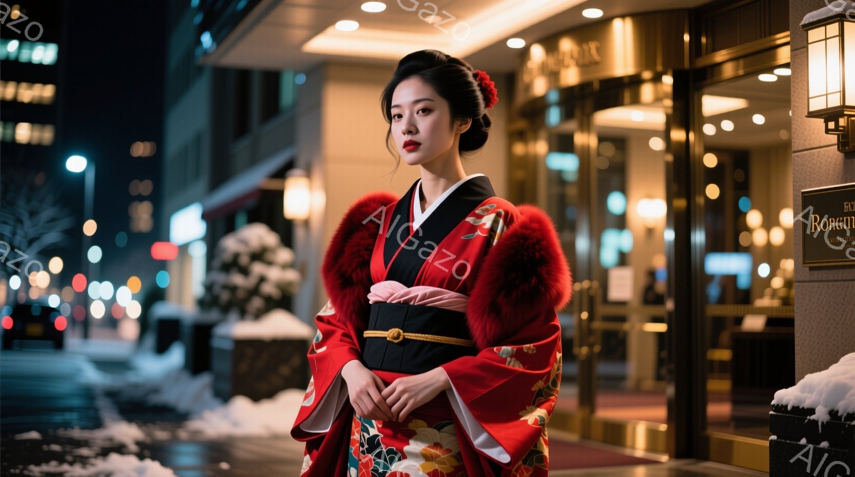 深紅色の着物を着た女性が、夜の街に立っている。髪は髷にされ、化粧も上品で、凛とした表情をしている。背景には雪が積もり、高級ホテルや夜景がぼやけて見え、華やかで少し寂しげな雰囲気を醸し出している。