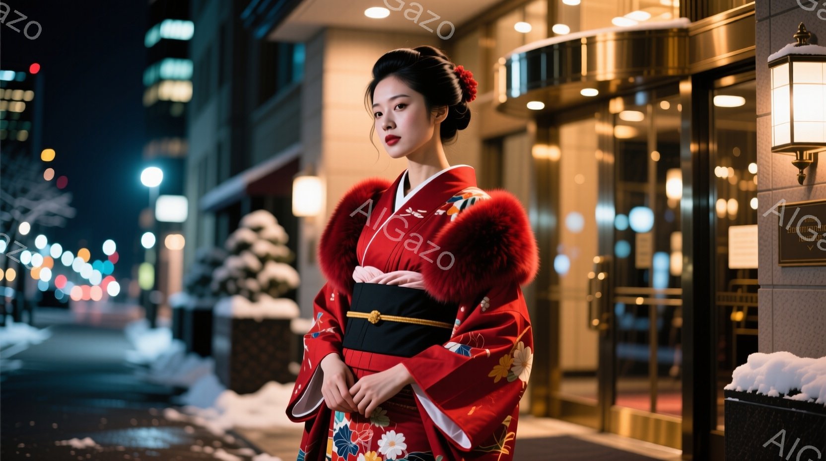 深紅色の着物を着た女性が、雪の降る夜の街に立っています。着物には華やかな模様が描かれ、首元には毛皮のショールが巻かれ、黒い帯で締まれています。背景には、光が灯る建物や木々が見え、冬の夜の静かで美しい雰囲気が漂っています。