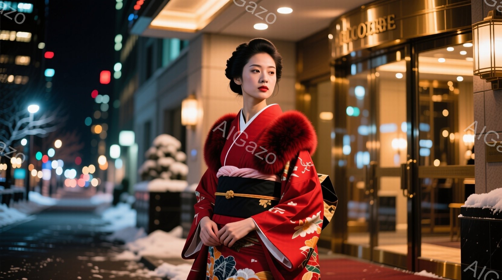 真っ赤な着物を着た女性が、雪が積もった夜の街を歩いている。着物には花柄が描かれており、首元にはボリュームのあるファーが巻かれている。背景にはライトアップされた建物が見え、冬の夜の華やかさと静けさが感じられる。