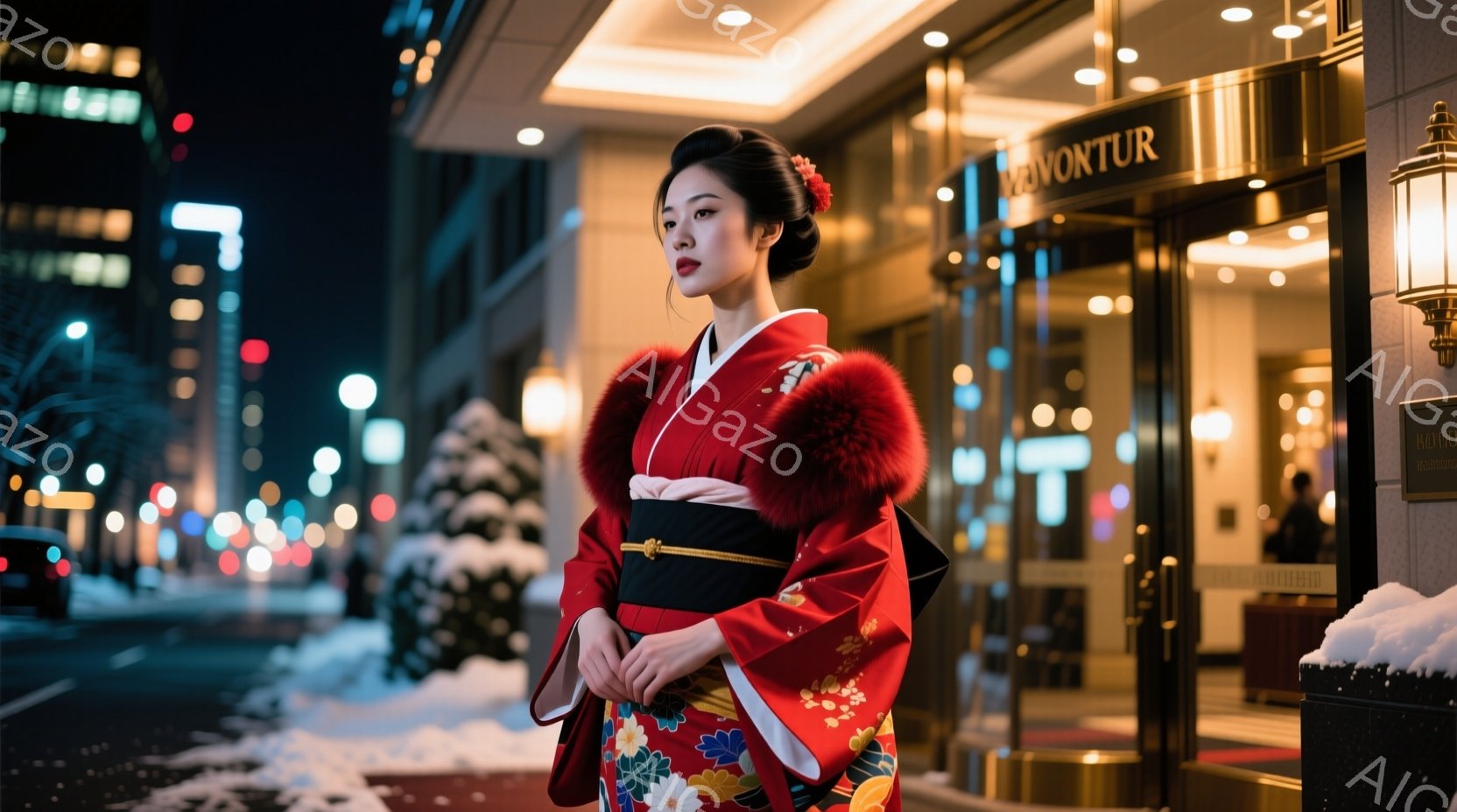 深紅色の着物を着た女性が、雪が積もった夜の街並みを歩いている。彼女は黒い帯で締め、肩にはふわふわの赤い毛皮のショールをかけており、髪型は日本髪で、上品な表情を浮かべている。背景には明るい光を放つ建物や街灯が見え、冬の夜の華やかさと静けさが漂う。