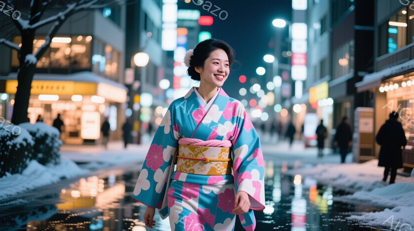 鮮やかな水色の着物にピンクの花柄が描かれ、黄色い帯が締めてあります。女性は笑顔で前を見据え、少し体を前に傾けながら歩いています。背景は夜の街並みで、道路は濡れており、街灯や店舗の光が水面に反射し、雪が積もっています。