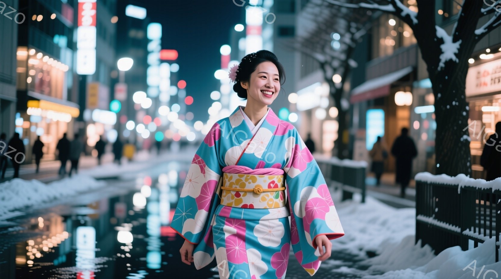 鮮やかな水色の着物を着た女性が、雪が積もった夜の街を歩いている。彼女は微笑み、前を見据えており、着物の柄はピンクや白の可愛らしい花柄で、帯は金色とピンクの組み合わせだ。背景には、ぼやけた街灯と建物が並び、雪の積もった歩道と木々が冬の雰囲気を醸し出している。