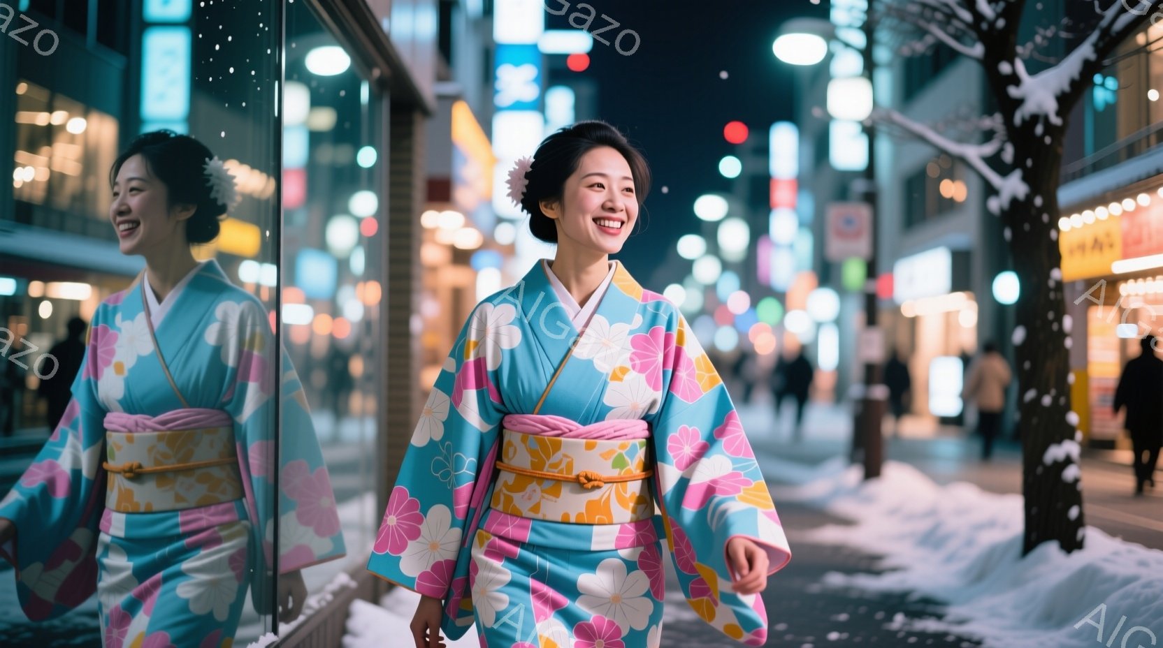 明るい青色の花柄の着物を着た女性が、街を歩いています。彼女は笑顔で、少し顔を傾け、リラックスした様子です。背景には、夜の街並みと雪が積もった歩道が見え、暖かい光と雪のコントラストが、冬の夜の穏やかな雰 - AI生成フリー素材