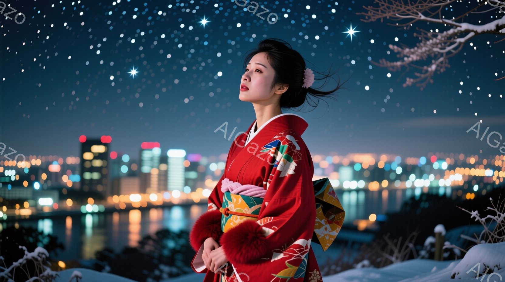 深紅色の着物を着た女性が、夜景を背景に佇んでいます。黒髪を後ろでまとめ、少し顔を上げ、遠くを見つめる表情はどこか憂いを帯びています。背景には、光り輝く都市の夜景と、雪に覆われた自然が広がり、幻想的な雰囲気を醸し出しています。