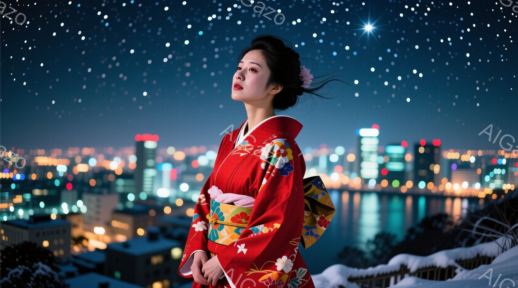 深紅色の美しい着物を身につけた女性が、夜景を見下ろすように立っている。黒髪は後ろでまとめられ、顔には控えめな微笑みが浮かび、少し上を見ている。背景には、きらめく夜の都市と川が広がり、雪景色が幻想的な雰囲気を醸し出している。
