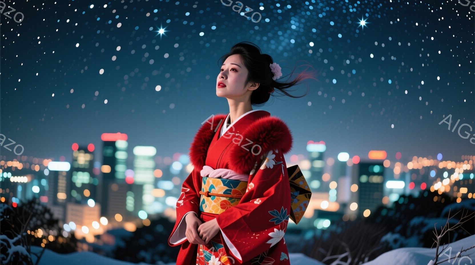 深紅色の着物を着た女性が、夜景を背景に立っている。髪は後ろでまとめられ、白い髪飾りをつけている。彼女は顔を上げ、遠くを見つめ、やや物憂げな表情を浮かべている。