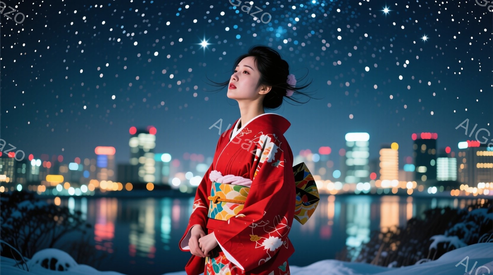 真っ赤な着物を着た女性が、雪景色を背景に佇んでいます。髪は後ろでまとめられ、少し風になびいています。背景には夜景が広がり、水面には光が反射し、幻想的な雰囲気を醸し出しています。 - AI生成フリー素材