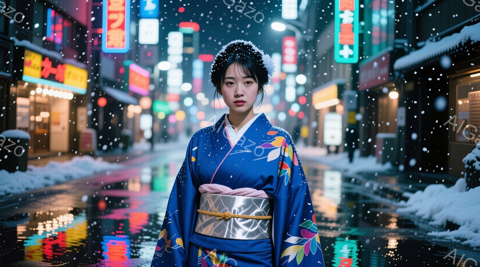 鮮やかな青色の着物を着た女性が、雪が降る夜の街並みを背景に立っている。彼女は黒髪をまとめ、落ち着いた表情で正面を見据えている。背景にはネオンが輝く建物が立ち並び、地面は雪で覆われており、幻想的な雰囲気を醸し出している。