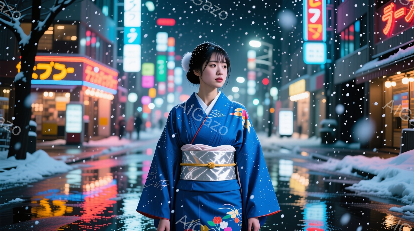 深い青色の着物を着た若い女性が、雪が降る夜の賑やかな街路に立っている。彼女は銀色の帯で締め、髪を後ろでまとめ、やや憂いを帯びた表情で正面を見ている。背景にはネオンサインが輝き、雪がアスファルトに反射して幻想的な雰囲気を醸し出している。