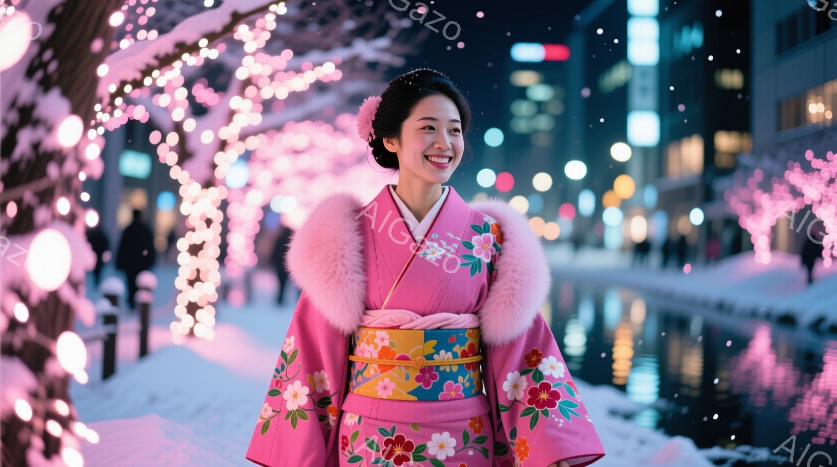 明るいピンク色の花柄の着物を着た女性が、雪の中の夜の風景を背景に微笑んでいます。彼女はショールのようなものを羽織り、髪はアップスタイルで、表情は穏やかで幸せそうです。背景には、きらめくライトと雪景色が - AI生成フリー素材