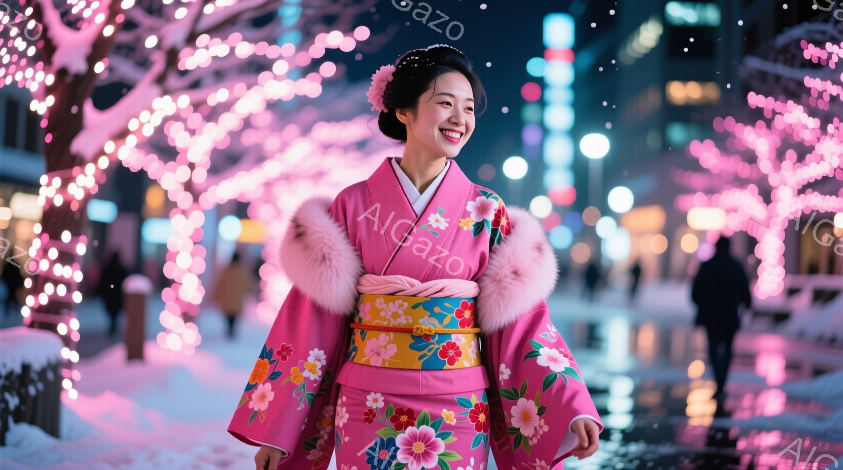 明るいピンク色の着物を着た若い女性が、雪が降る夜の街を歩いている。彼女は明るい笑顔を見せ、毛皮の襟のついた着物と、黄色とピンクの花柄の帯が目を引く。背景には、ピンクのライトで飾られた木々が立ち並び、幻想的な雰囲気を醸し出している。