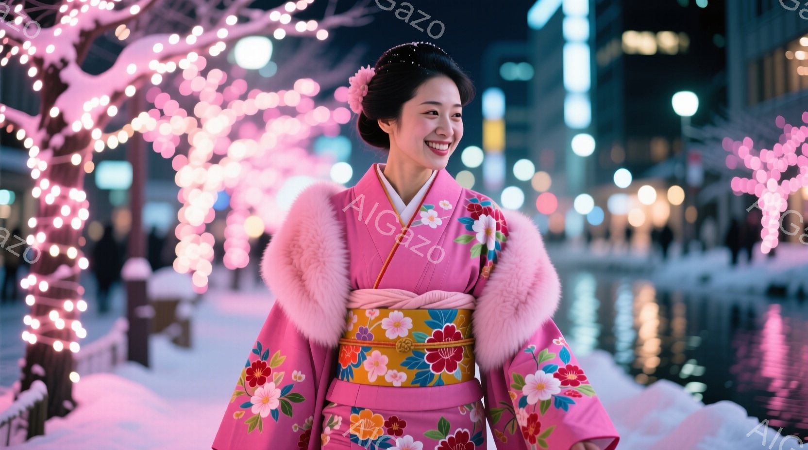 明るいピンク色の着物を着た女性が微笑んでいます。着物には、黄色と赤の花柄が描かれており、ふわふわのピンクのショールが羽織られています。背景には雪景色と輝くイルミネーションがあり、冬の夜の温かく華やかな - AI生成フリー素材