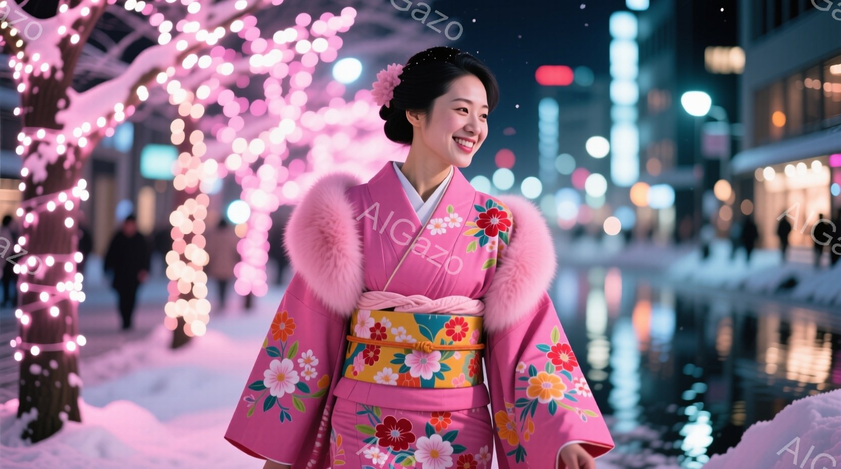ピンク色の華やかな着物を着た女性が、微笑みながら正面を見ています。彼女の髪は伝統的なスタイルに整えられ、首元には白いファーの襟巻が巻かれています。背景には、冬の夜に輝くイルミネーションと、雪で覆われた - AI生成フリー素材