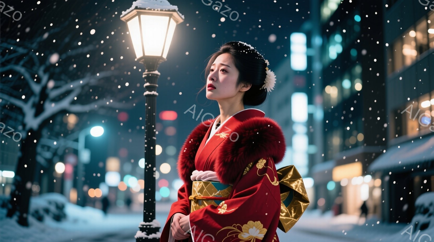 真紅色の着物を身につけた女性が、雪が降る夜の街に立っている。着物には金色の花模様が描かれ、毛皮の襟が暖かさを添えている。彼女は少し上を見上げ、物憂げな表情で、街灯の光に照らされた雪景色を見つめている。 - AI生成フリー素材
