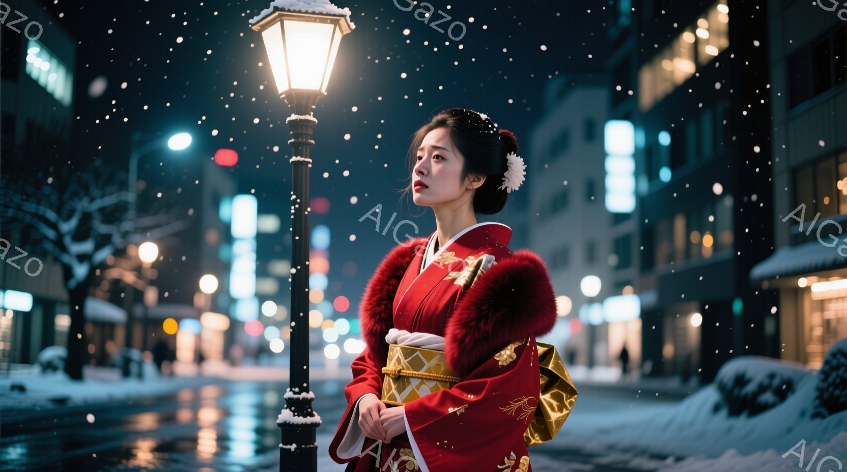 深紅色の着物を身につけた女性が、雪の降る夜の街路に佇んでいます。髪は伝統的なスタイルに結い上げられ、鮮やかな着物と白いファーの襟が印象的です。背景には雪に覆われた建物や街灯がぼんやりと見え、どこか寂し - AI生成フリー素材