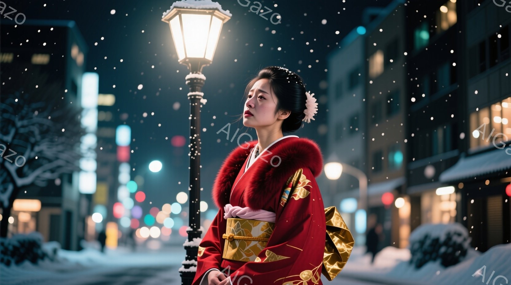 深紅色の着物を身につけた女性が、雪が降る夜の街で佇んでいます。彼女は肩に豪華なファーをあて、髪を丁寧に結い上げており、少し上を見つめる表情はどこか憂いを帯びています。背景には、ぼやけた街灯や商店の明かりが広がり、雪景色が幻想的な雰囲気を醸し出しています。