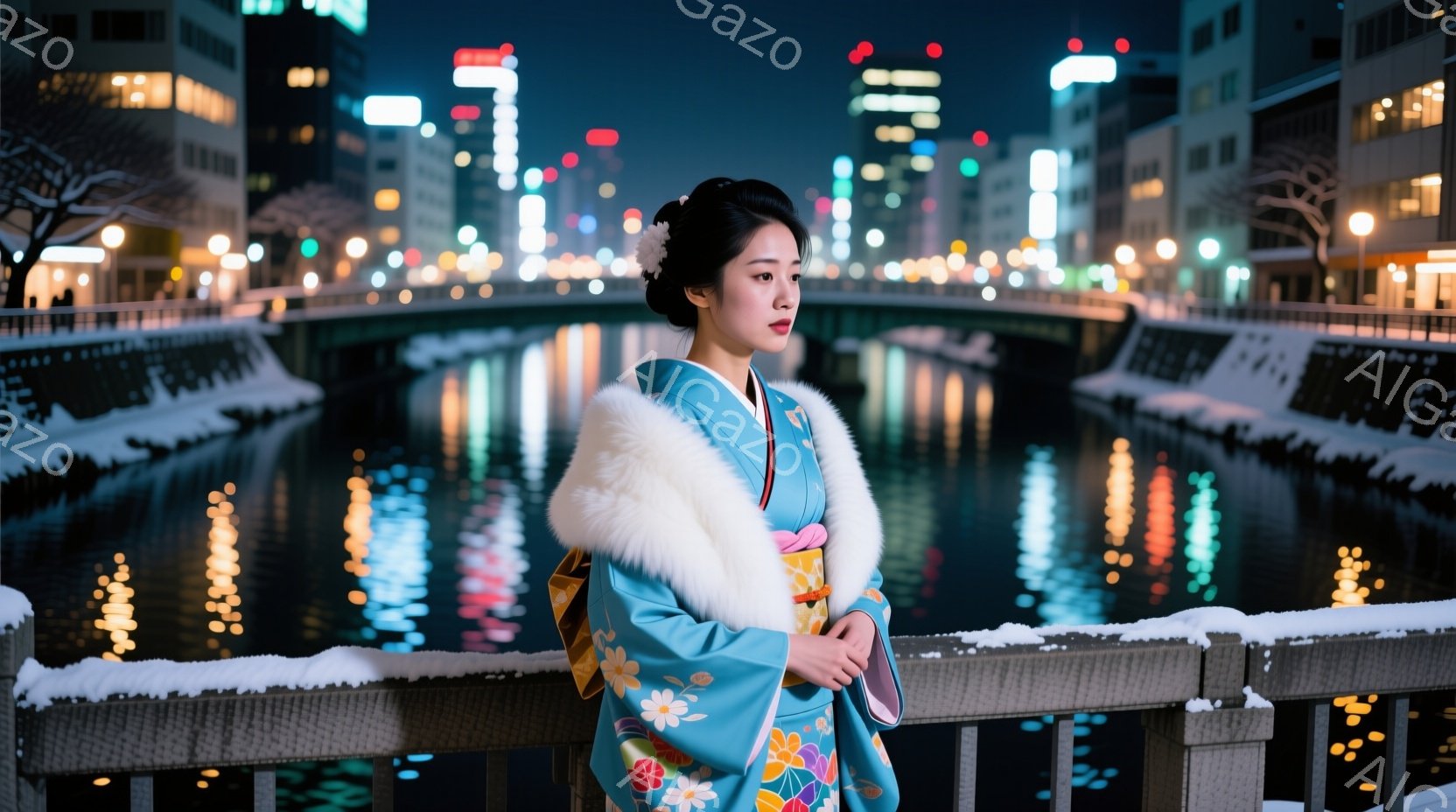 鮮やかな水色の着物を身につけた女性が、冬の夜の川沿いに立っている。白とピンクの花柄の帯が印象的で、白いショールが肩を覆い、黒髪は上品にまとめられている。背景には、川面に反射する街の明かりが煌めき、雪が積もった欄干と遠くに見える建物が、静かで幻想的な雰囲気を醸し出している。
