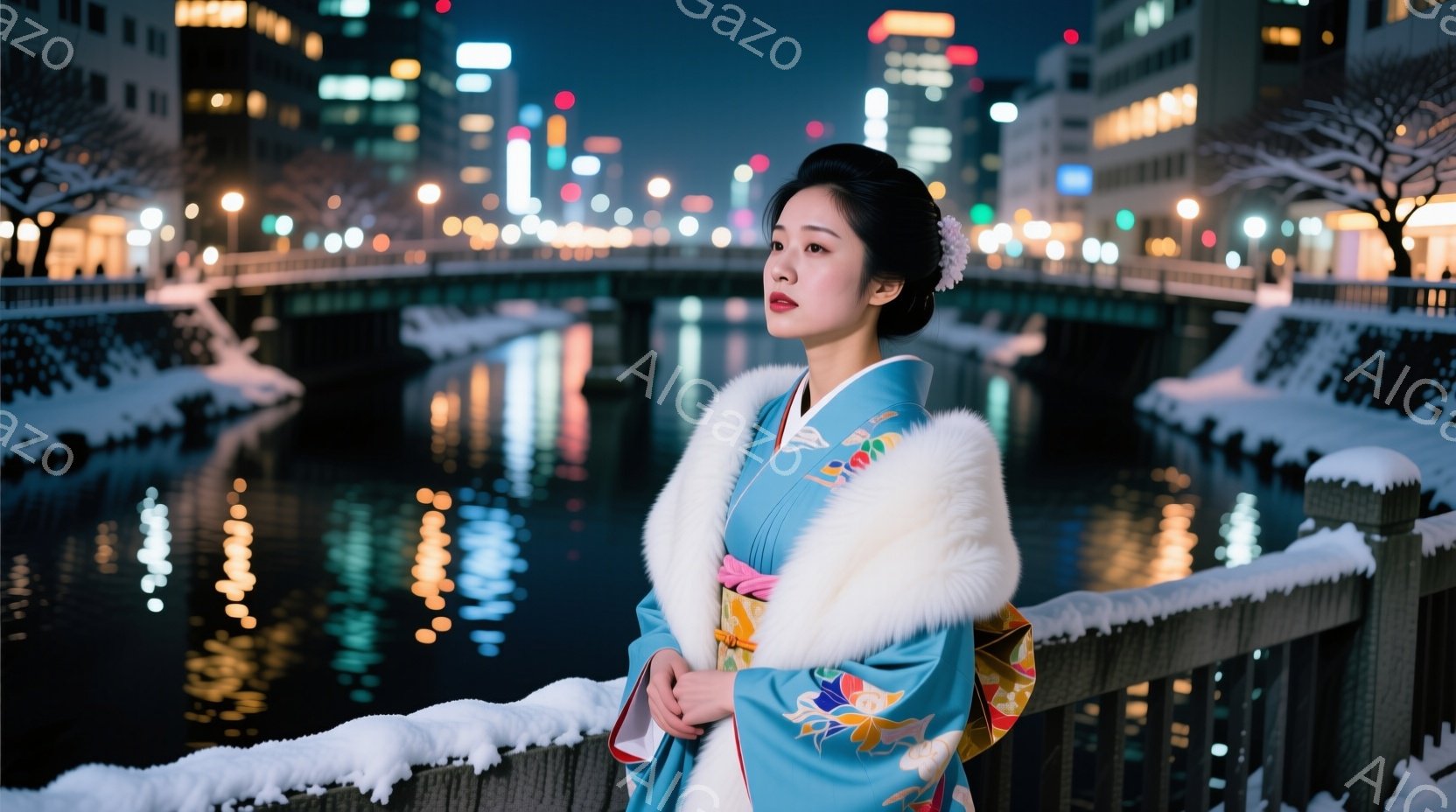鮮やかな水色の着物に、白くふわふわのショールを羽織った女性が、欄干に寄りかかって遠くを見つめている。髪は高髷にまとめられ、華やかな髪飾りをつけている。背景には、夜の街並みがぼんやりと見え、雪が積もった - AI生成フリー素材